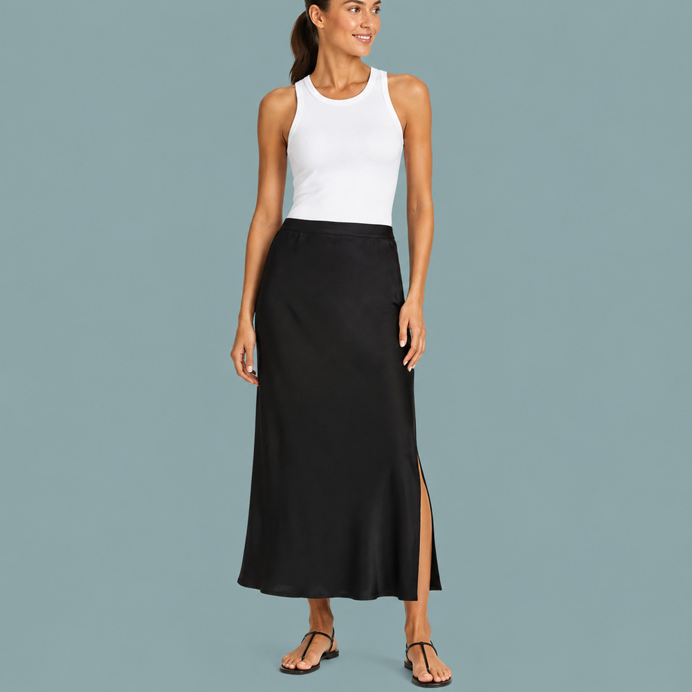 ANINE BING Size Small S Black Bias Cut Zip Side Slit 100% Silk Midi Skirt